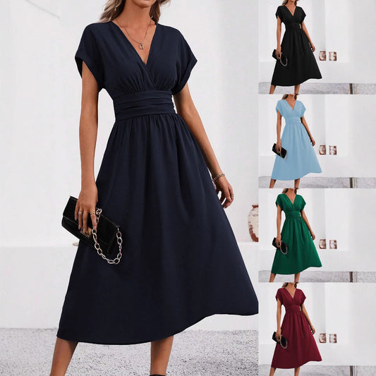 Women's Color Overlapping Batwing Sleeve Waist Pleated Dress
