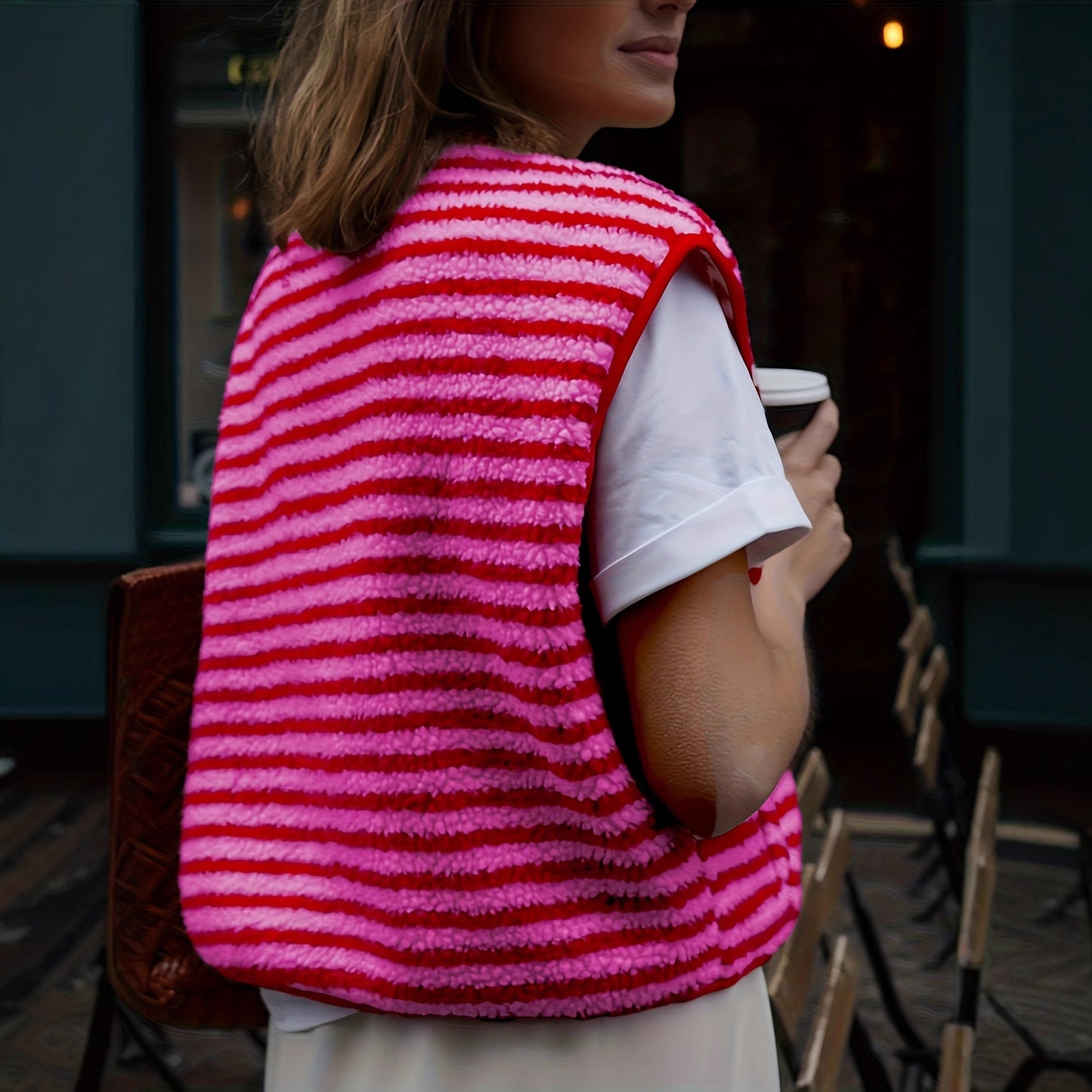 Women's Spring Side Pocket Plush Striped Waistcoat Women's Vest