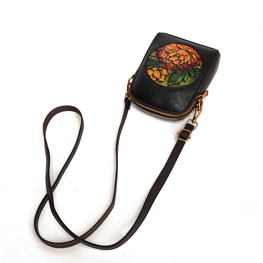 Women's Beautiful Ethnic Leather Carved Peony Phone Bags