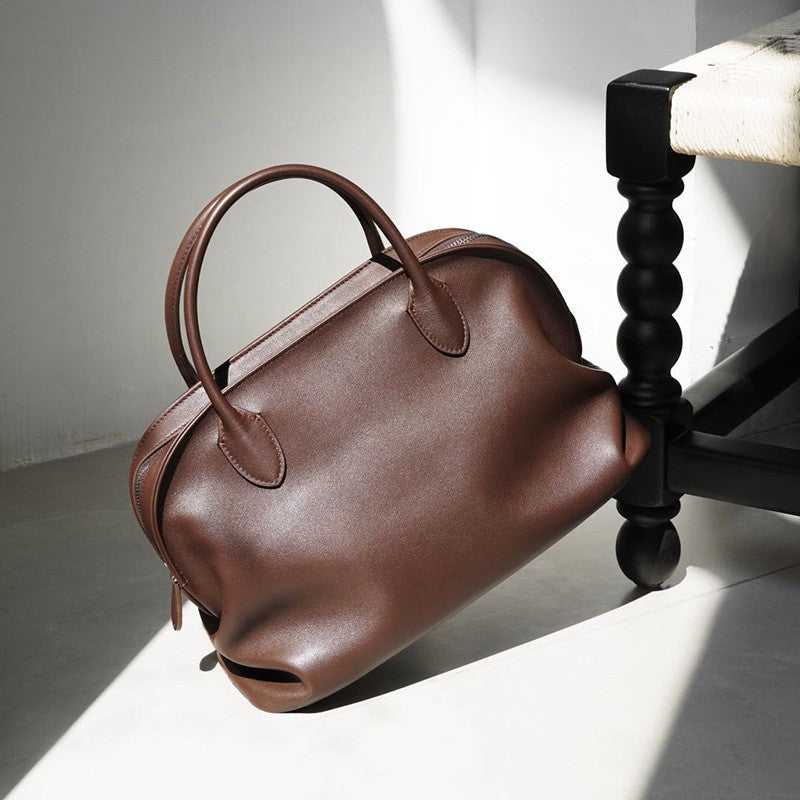 Women's Minimalist Style Bowling Inside Outside Leather Shell Handbags