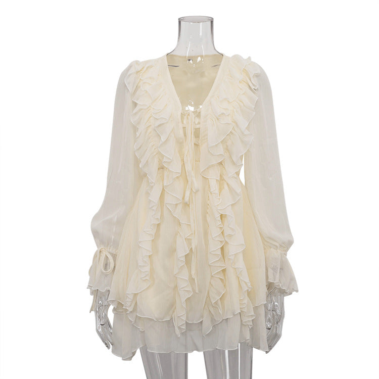 Women's Autumn French Style Design Ruffled Tied Dresses