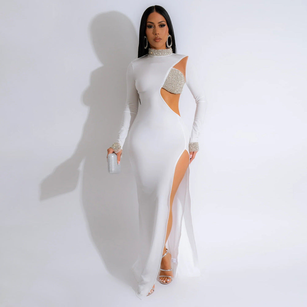Women's Rhinestone Long Sleeve High Slit Dress Dresses