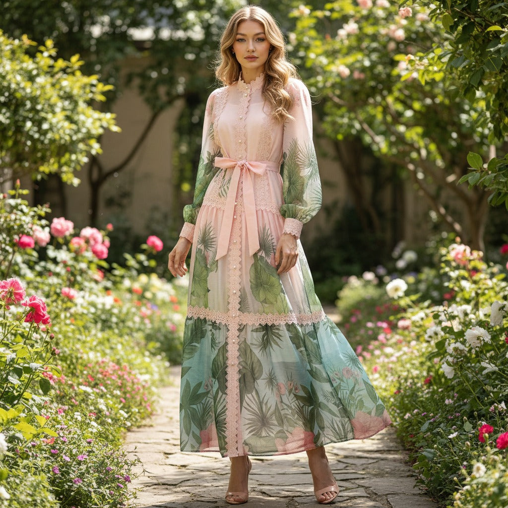 Holiday Pastoral Style Lantern Sleeve Green Tropical Printing Dresses