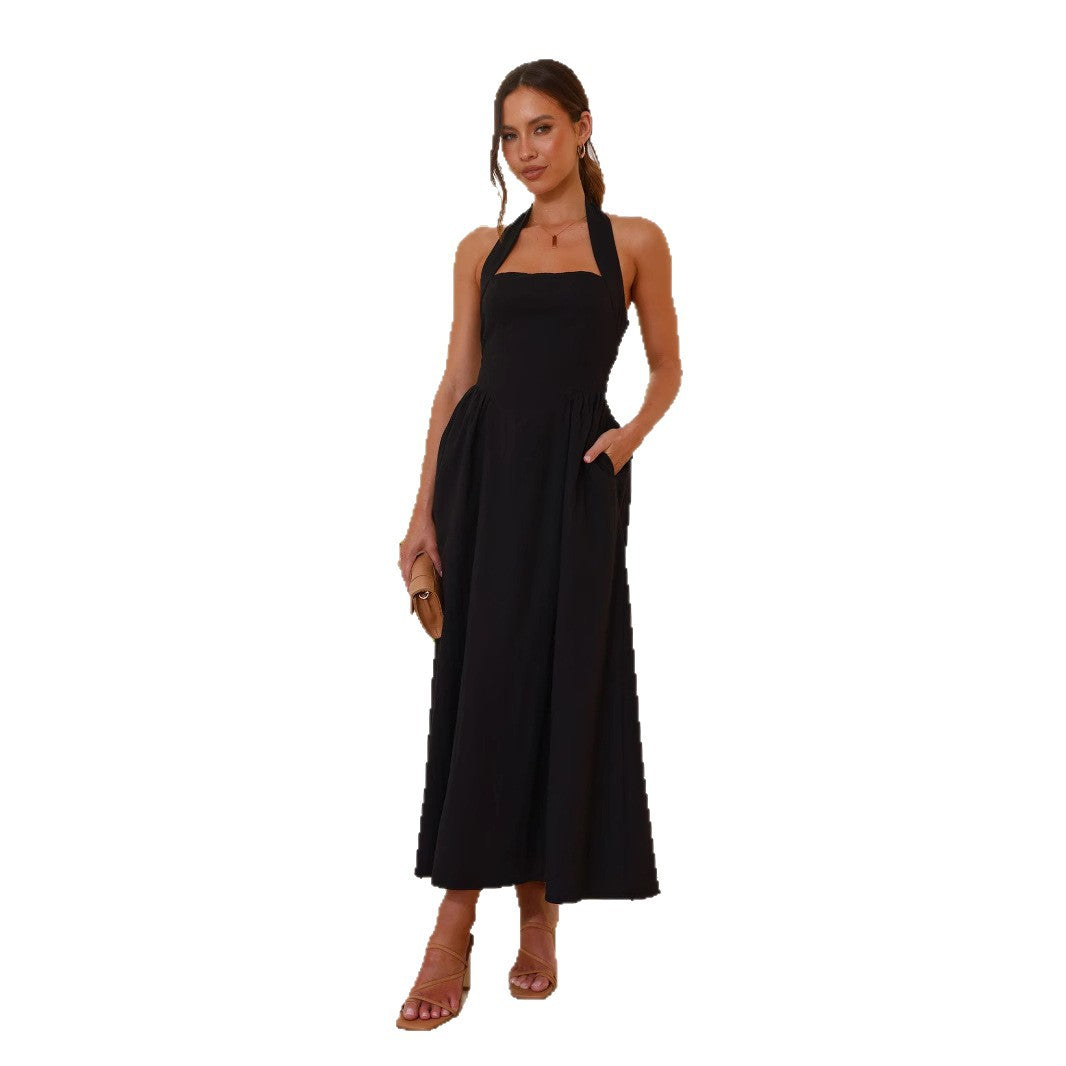 Women's Temperament Pure Color Square Collar Sleeveless Halter Dress