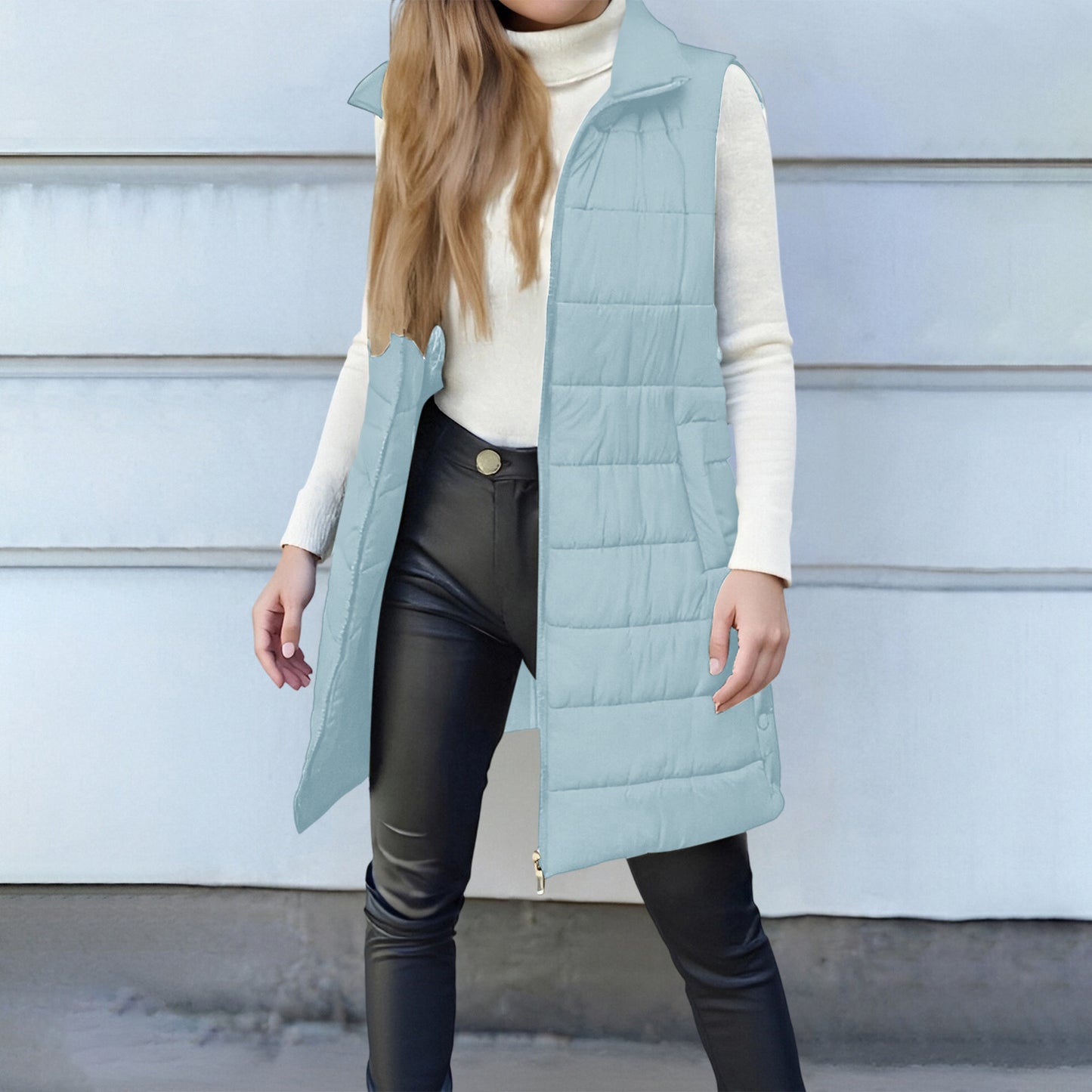 Women's Solid Color Zipper Pocket Cotton Mid-length Coats
