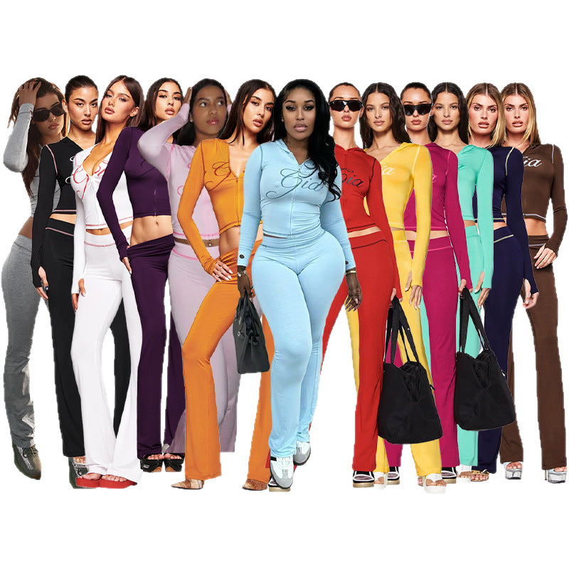 Women's Hooded Long Sleeve Thumb Hole Slightly Flared Two-piece Suits