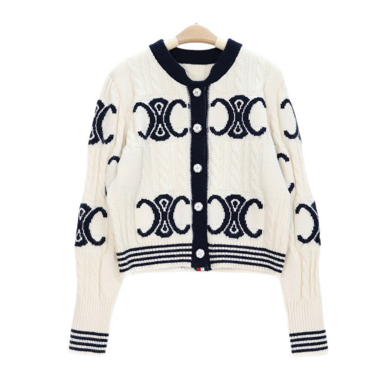 Style Knitted Letter Jacquard Contrast Color Round Neck Long Sweaters