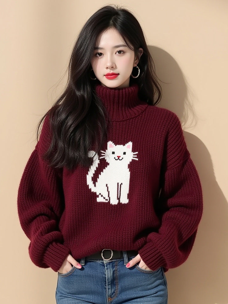 Women's Red Kitten Turtleneck Thick Winter Idle Style Sweaters