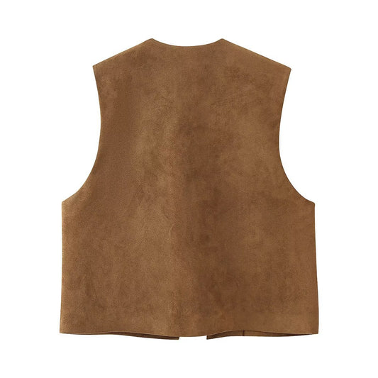 Women's Embroidered Suede Texture Round Neck Vests