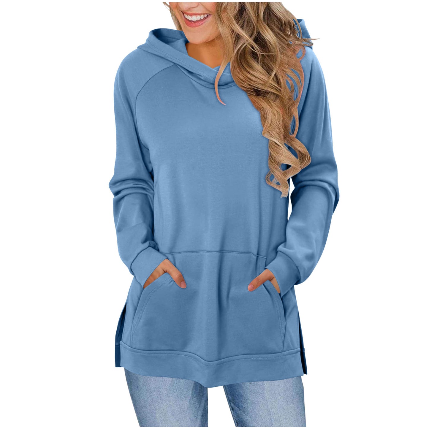 Women's Solid Color Hoodie Wipe Shoulder Long Sleeve Pocket Slit Hemline Women's Sweater, Sweater