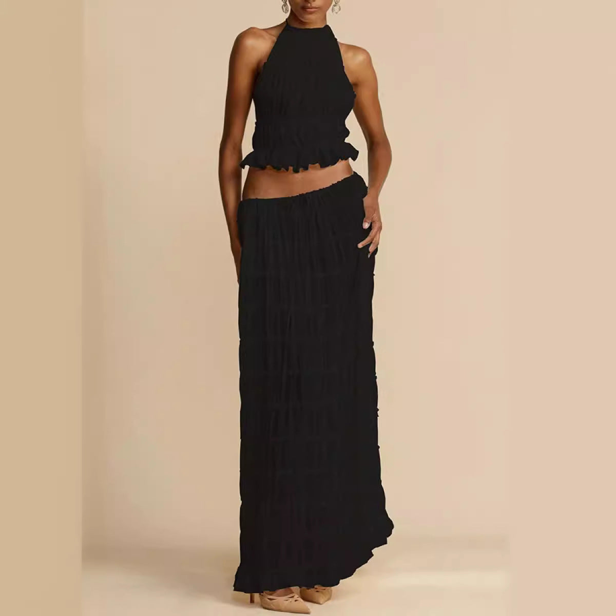 Fashion Sexy Backless Halter Pleated Lace Suits