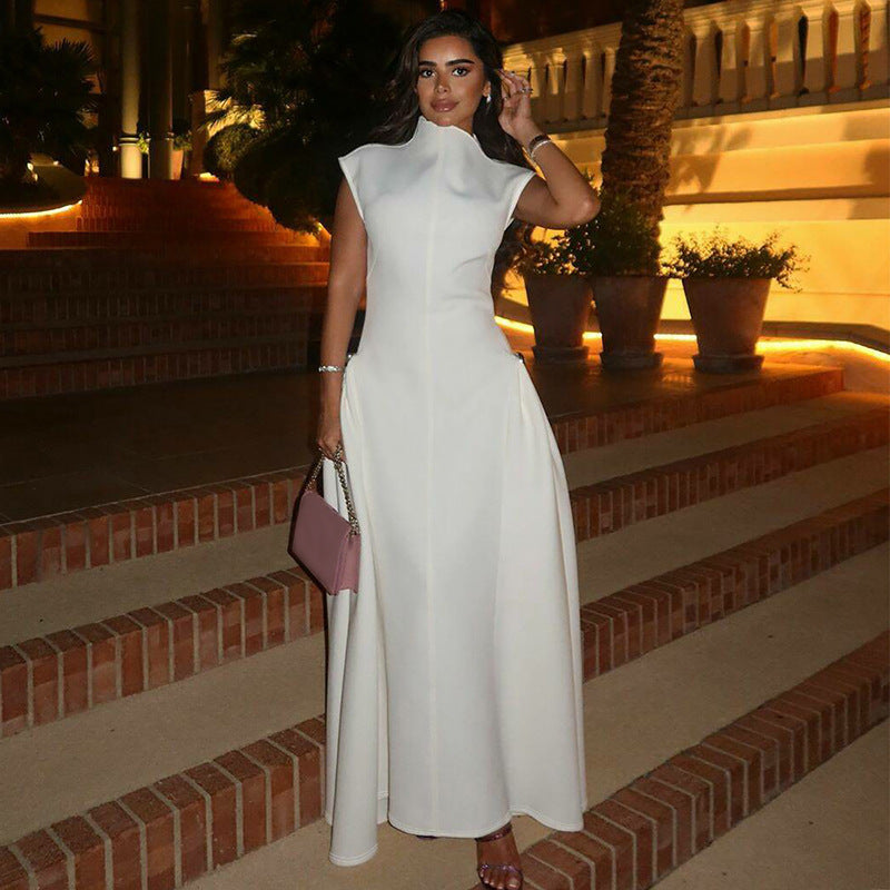 Women's Fashion Solid Color Sleeveless Waist Elegant Dress