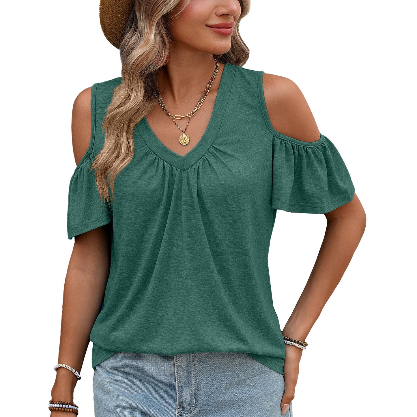 Trendy Solid Color Pleated Loose Sleeve Women's T-shirt