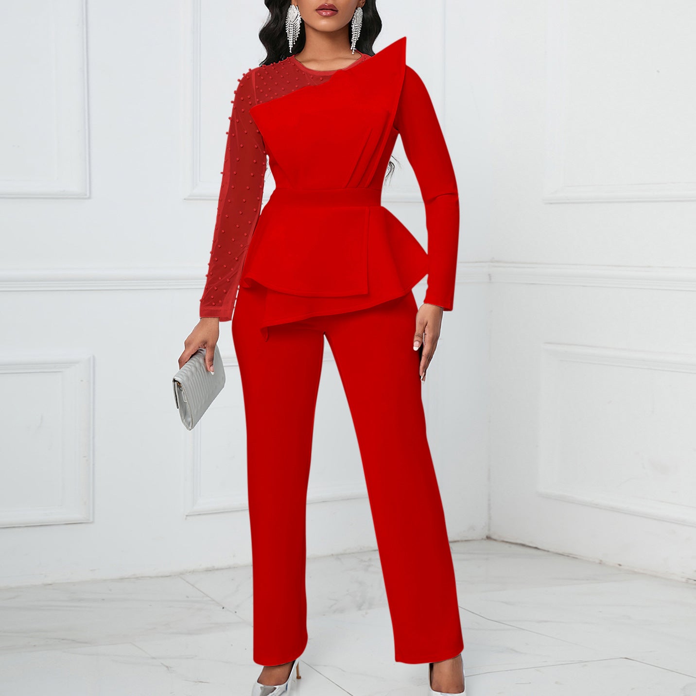 Long Sleeve Temperament Mesh Splicing Beads Slimming Women's Jumpsuit/clothing