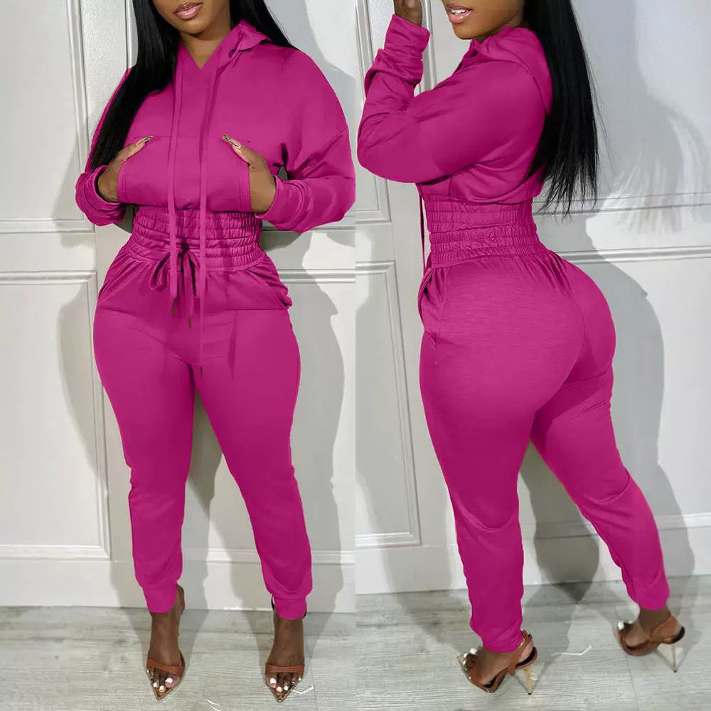 Full Solid Color Waist Hooded Jogging Blouses