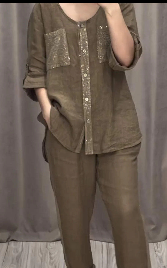 Women's Casual Set Pocket Placket Gilding Ladies Suits