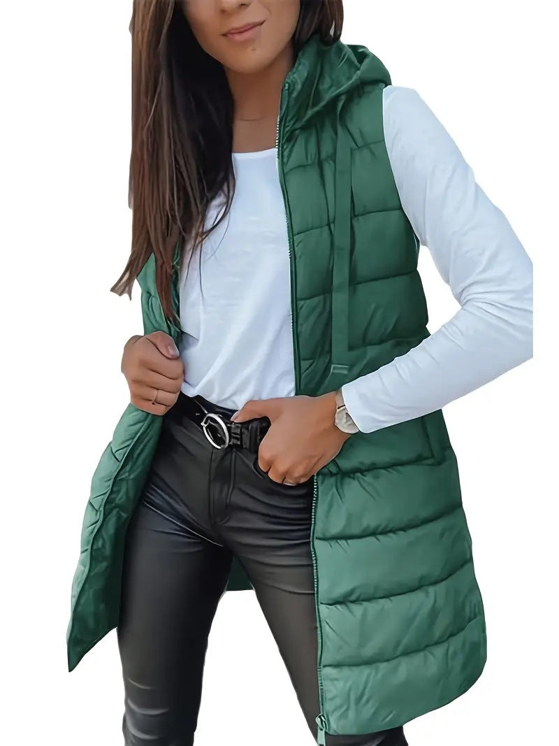 Women's Solid Color Hooded Zipper Cotton Mid-length Vests
