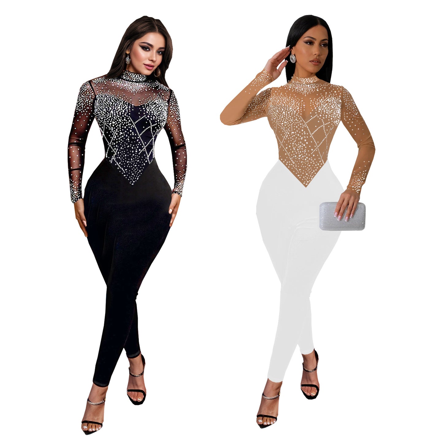 Women's Fashion Wear Mesh Rhinestone Long-sleeved Trousers Jumpsuits