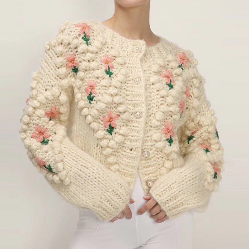 Handmade Crocheted Embroidery Twist Pearl Buckle Cardigans