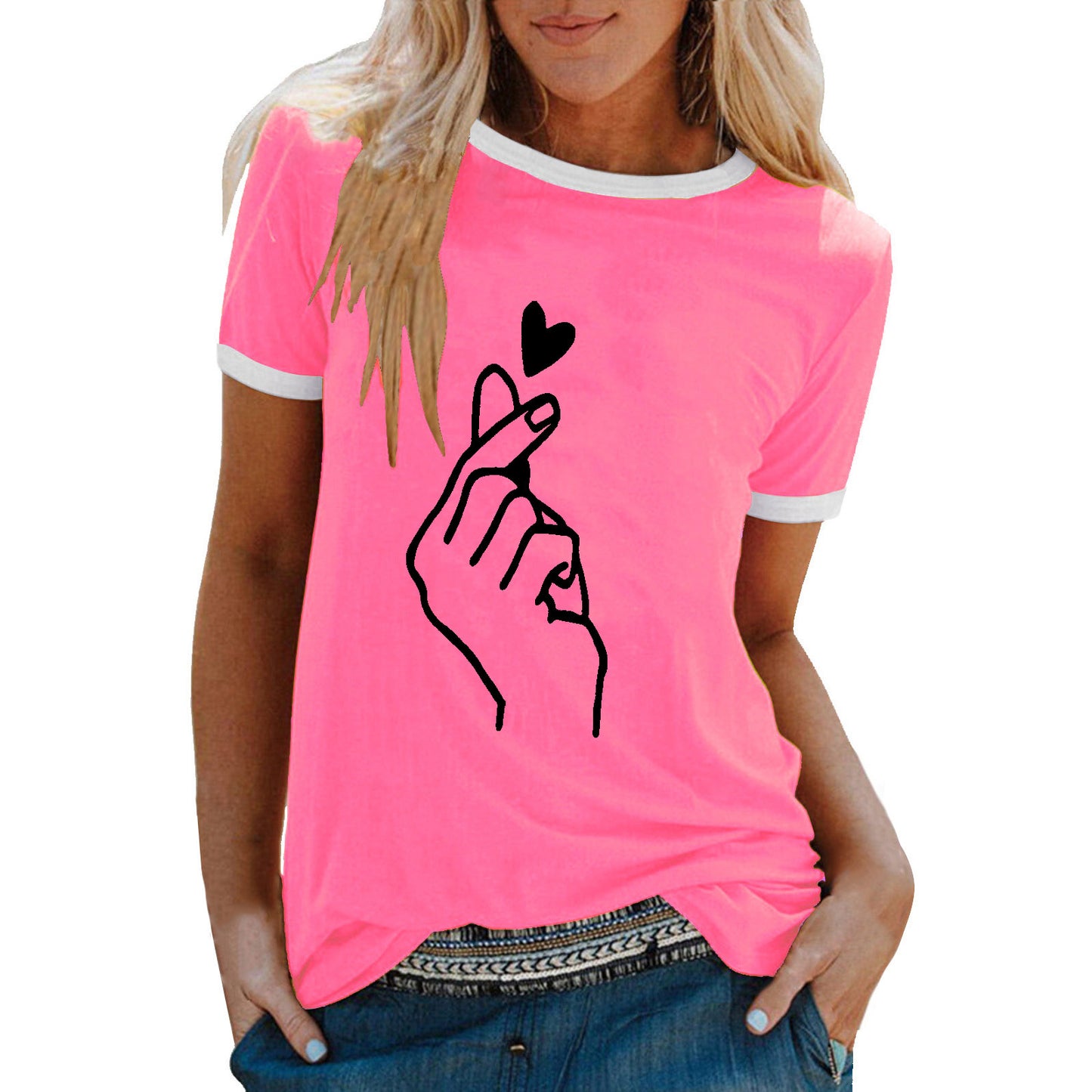 Women's Summer Shirt Finger Print Loose Round Neck Women's T-shirt