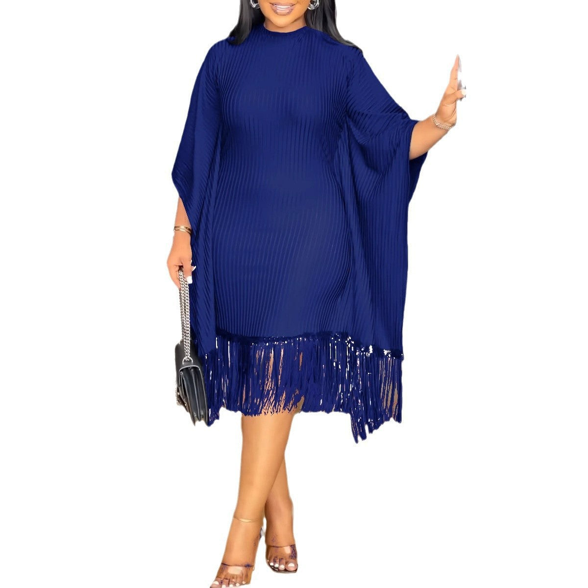 Sequined Tassel Batwing Sleeve Elastic Hip Dress