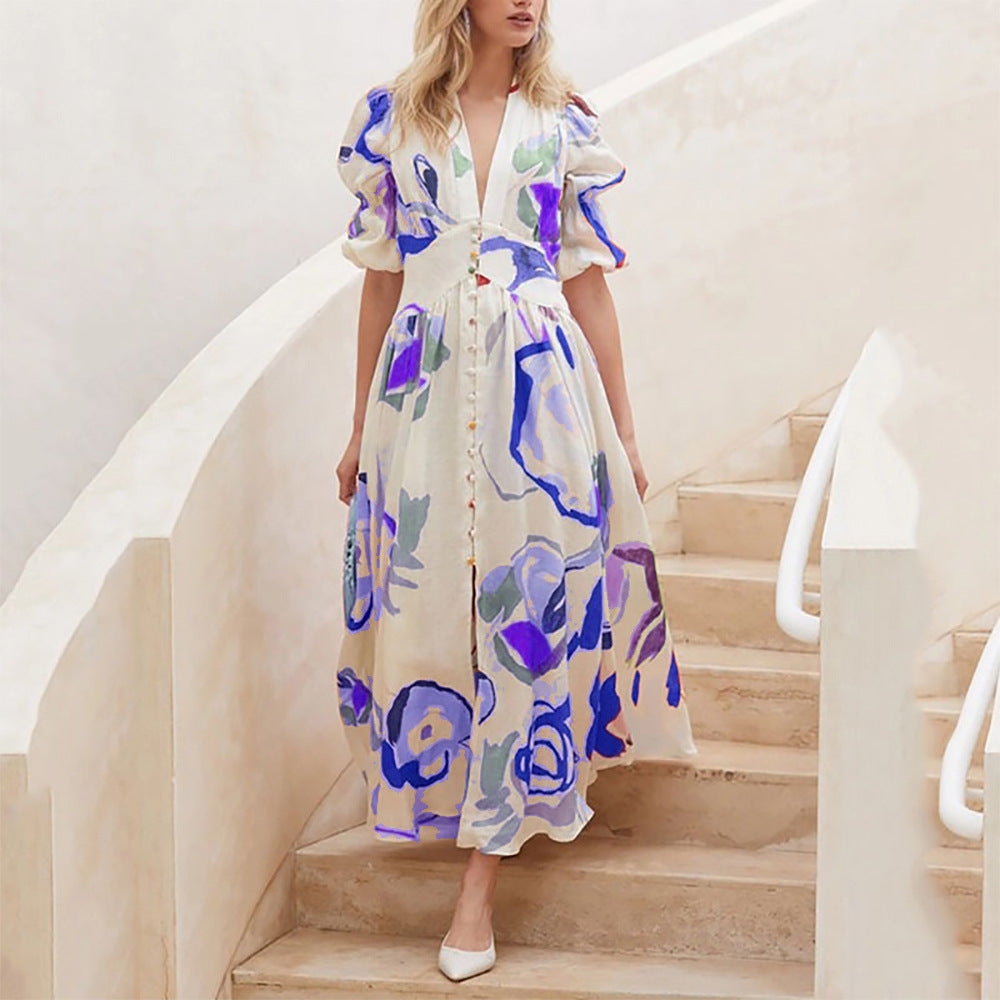 Women's Spring Beach Slim Fit Large Swing Elastic Printing Dress