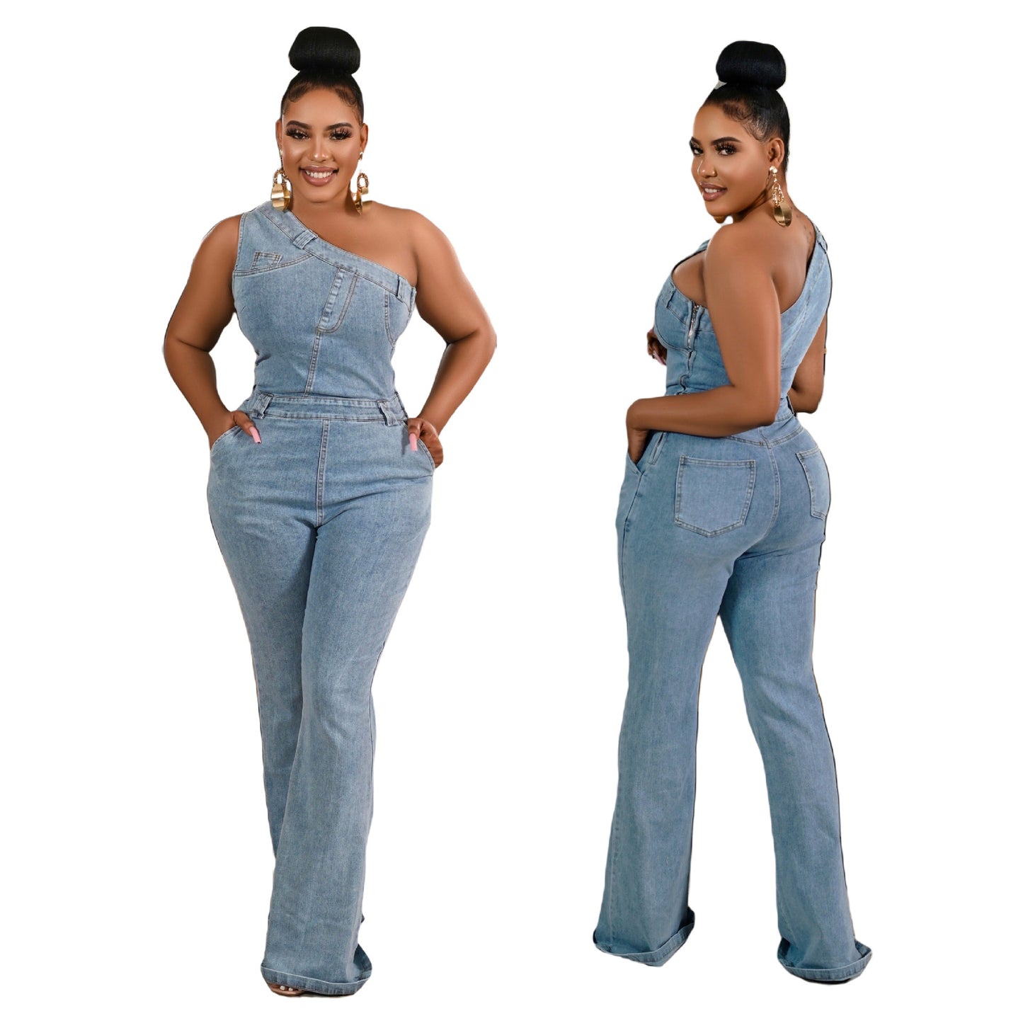 Slant Shoulder Tight Waist Slim Elastic Pants