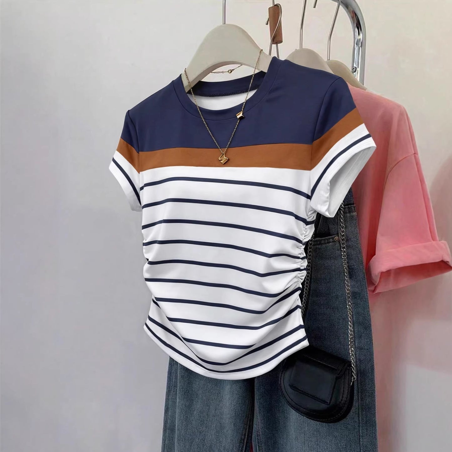 Women's Summer Casual Round Neck Sleeve Waist Women's T-shirt