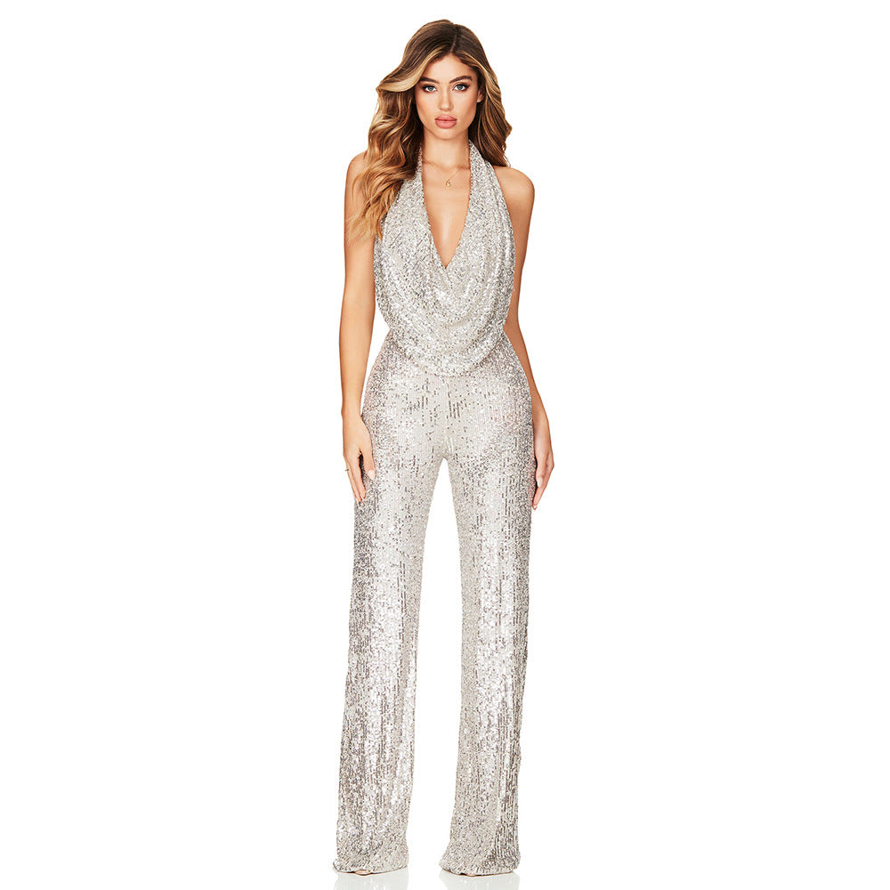 Women's Backless Sequined Slim Sleeveless Rompers Jumpsuits