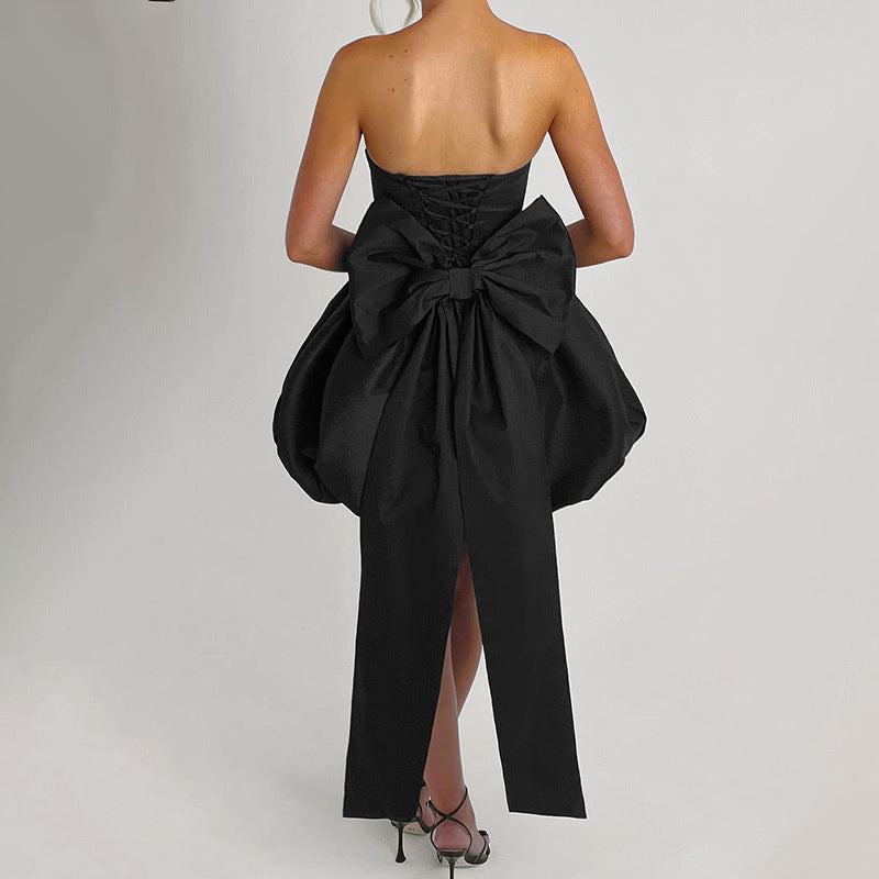 Women's Bow Tube Lantern Dress Dinner Party Dresses