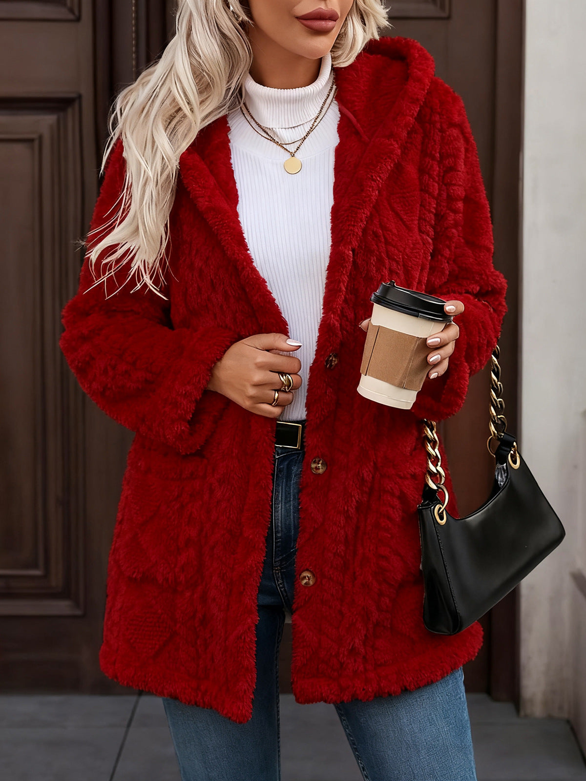 Hooded Solid Color Button Long Sleeve Women's Sweater, Sweater