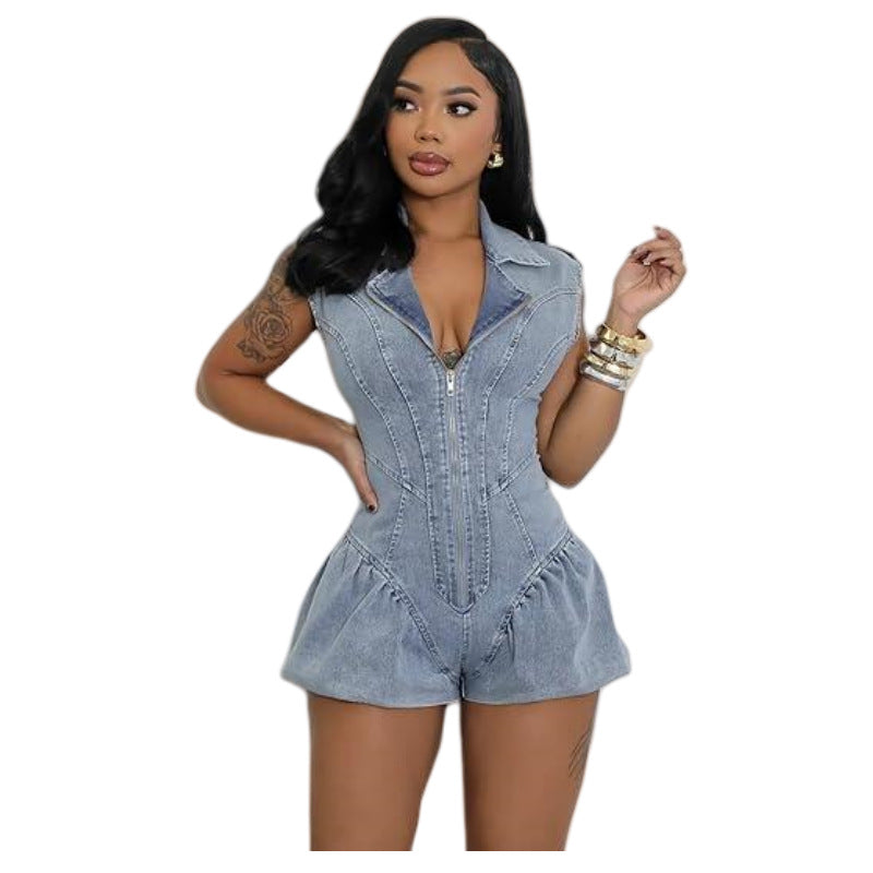 Graceful Popular Denim Sleeveless Stretch Lantern Jumpsuits