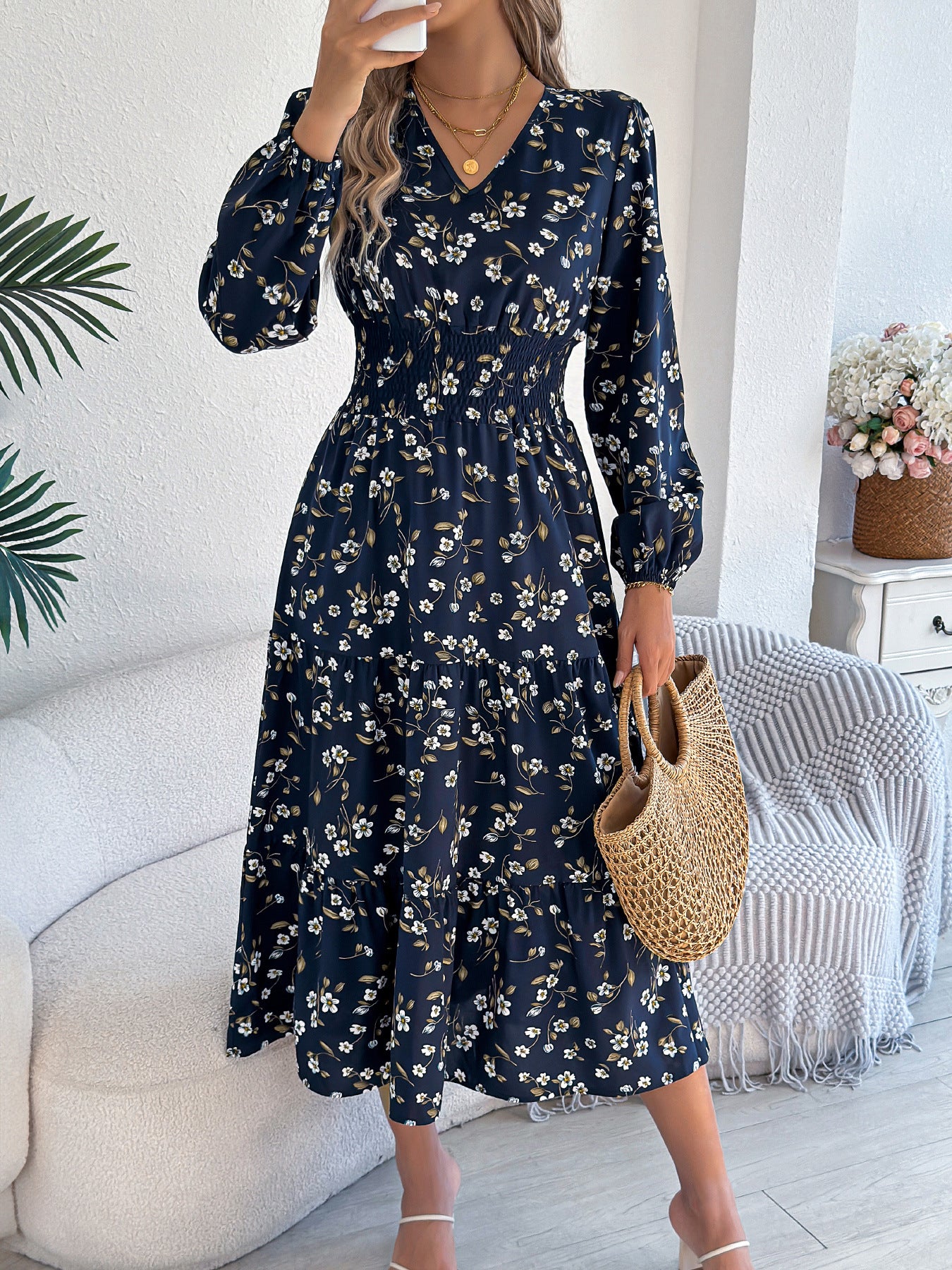 Women's Flowers Long Sleeve Waist Trimming Ruffles A- Line Dress
