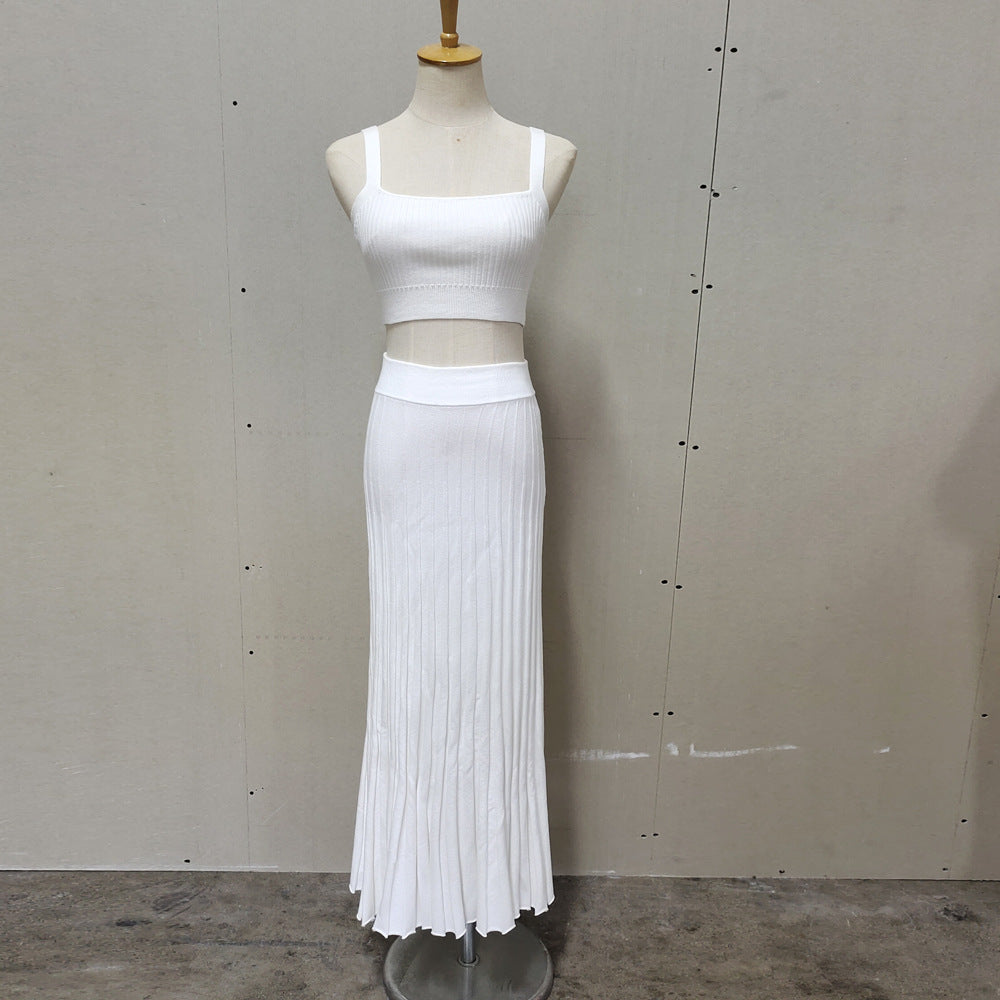 Women's Summer Knitted Camisole Elegant Sleeveless Pleated Suits