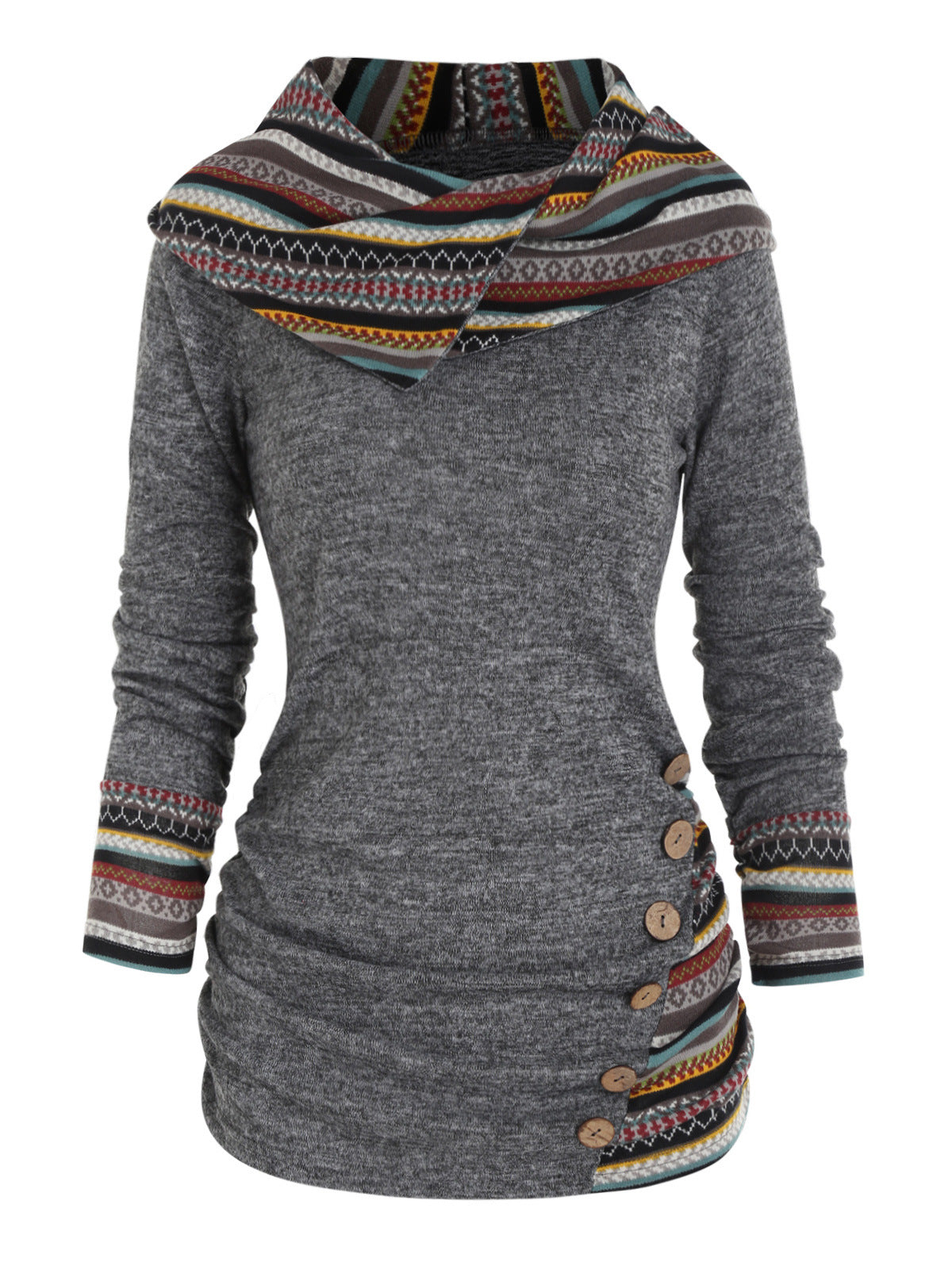 Women's Striped Stitching Hooded Knitted Long Sleeve Button Sweaters
