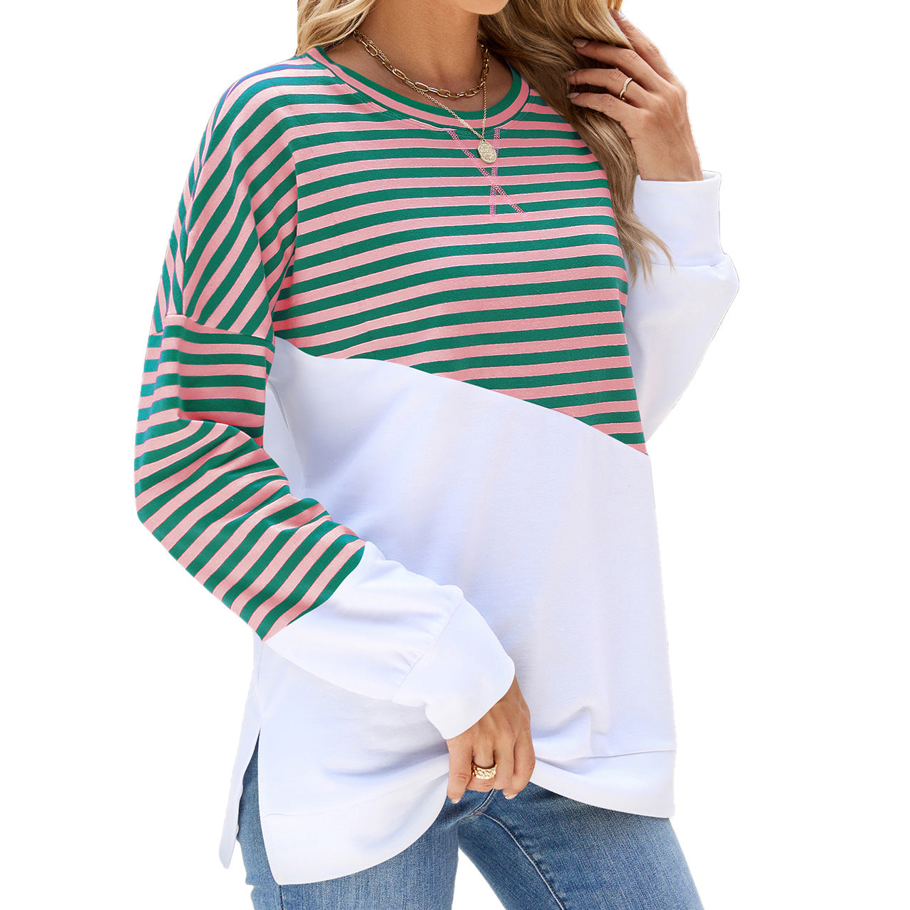 Women's Color Round Neck Contrast Striped Long Coats