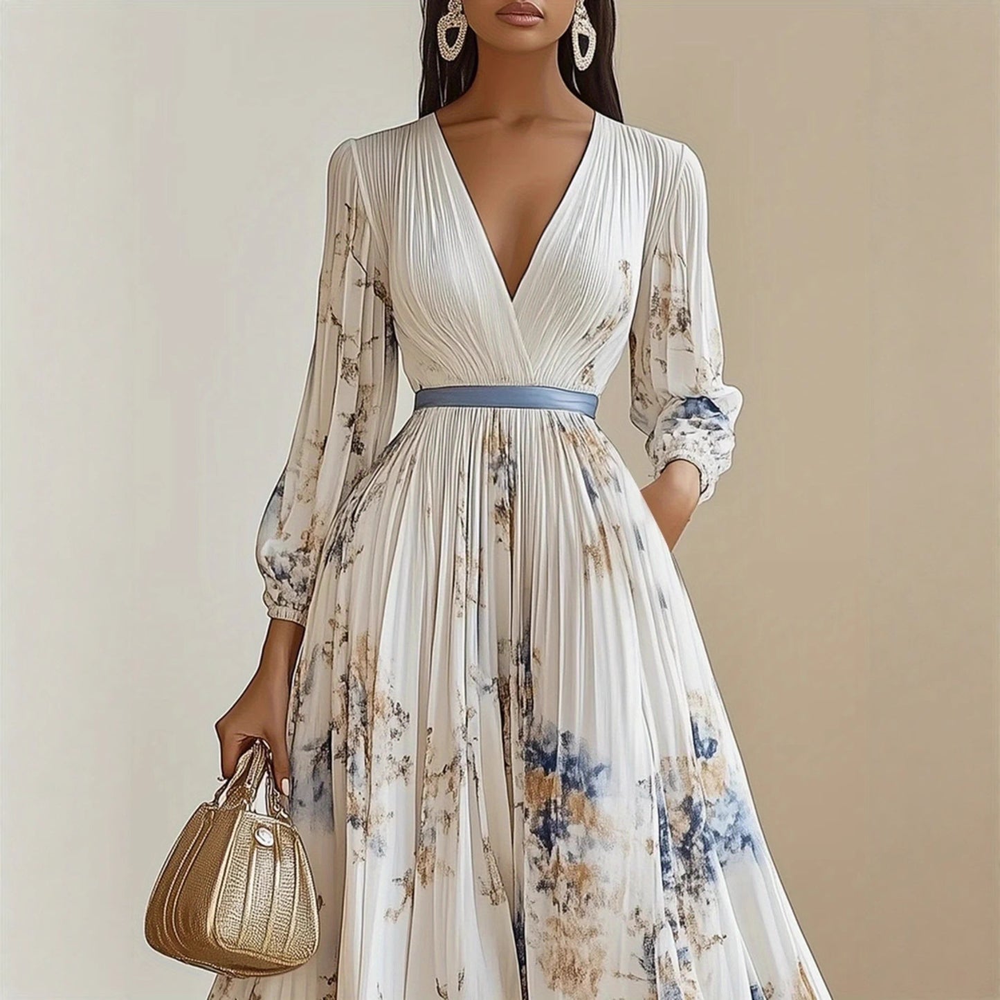 Flower Print Long Sleeve A- Line Dresses