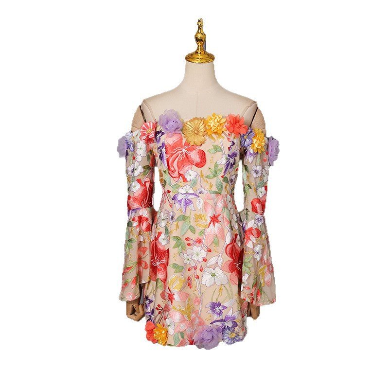 Women's Cluster Embroidered Dress Autumn Bell Sleeve Dresses