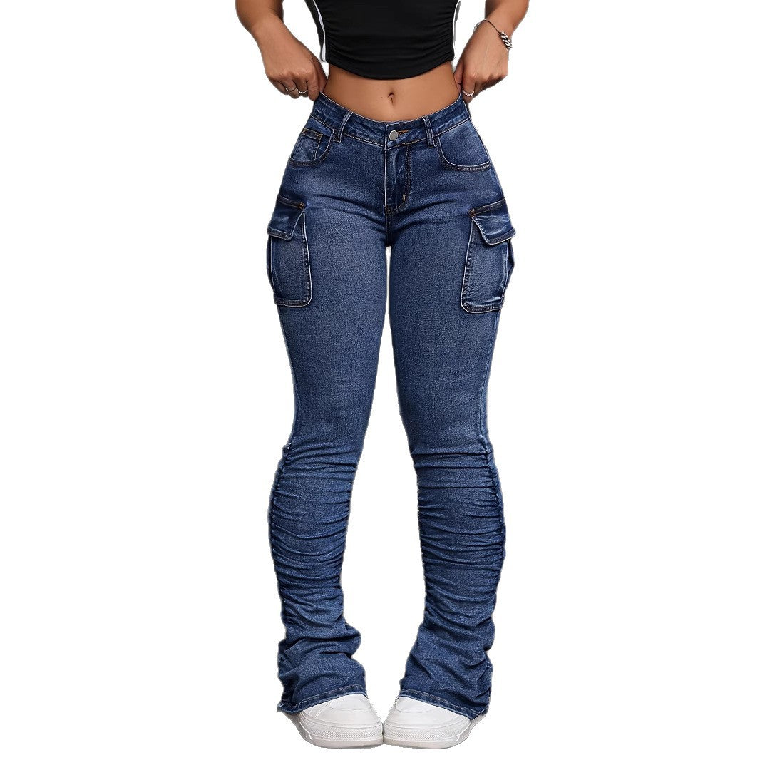 Women's Denim Trousers Side Pleated Design Waist Stretch Retro Jeans