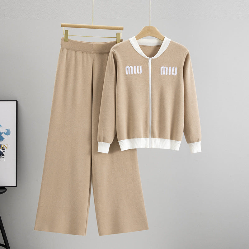 Women's Knitted Zipper Woolen Casual Trousers Two-piece Suits