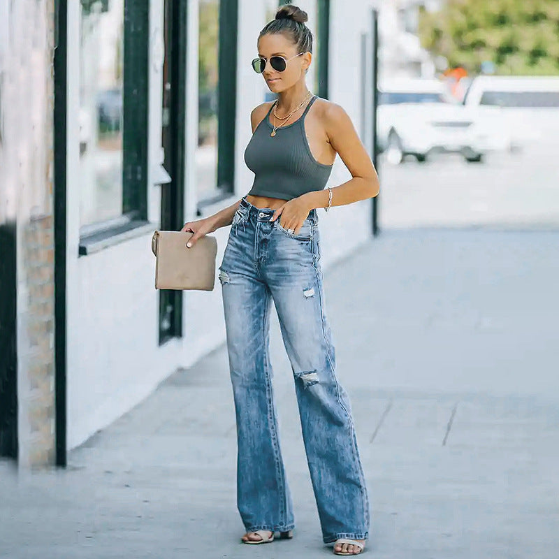 Women's Water Washed Hole Denim Trousers Are Super Women's Jeans