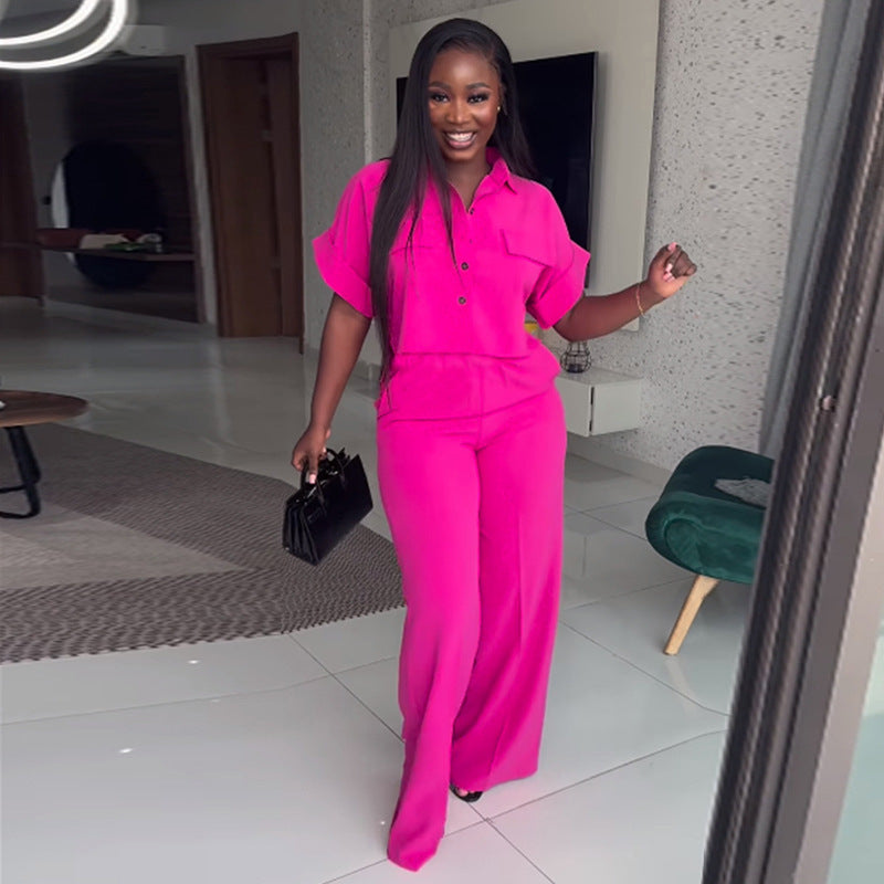 Women's Summer Lapel Sleeve Shirt High Waist Wide Suits