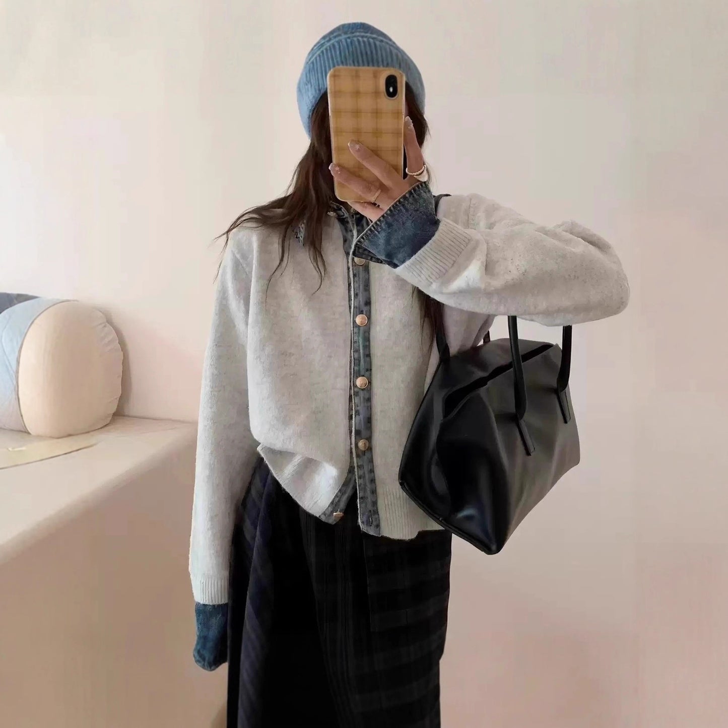 Denim Stitching Fake Two Pieces Female Sweaters