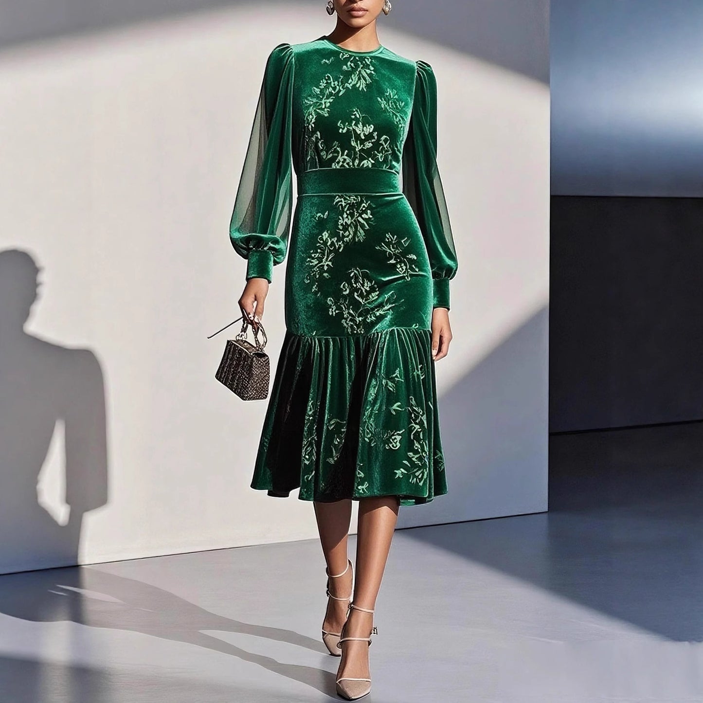 Women's Dress Round Neck Lantern Sleeve Mesh Long Skirts