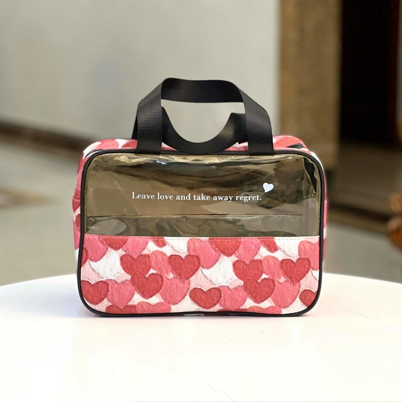 Zipper Translucent Love Peach Heart Flocking Large Capacity Portable Handbags
