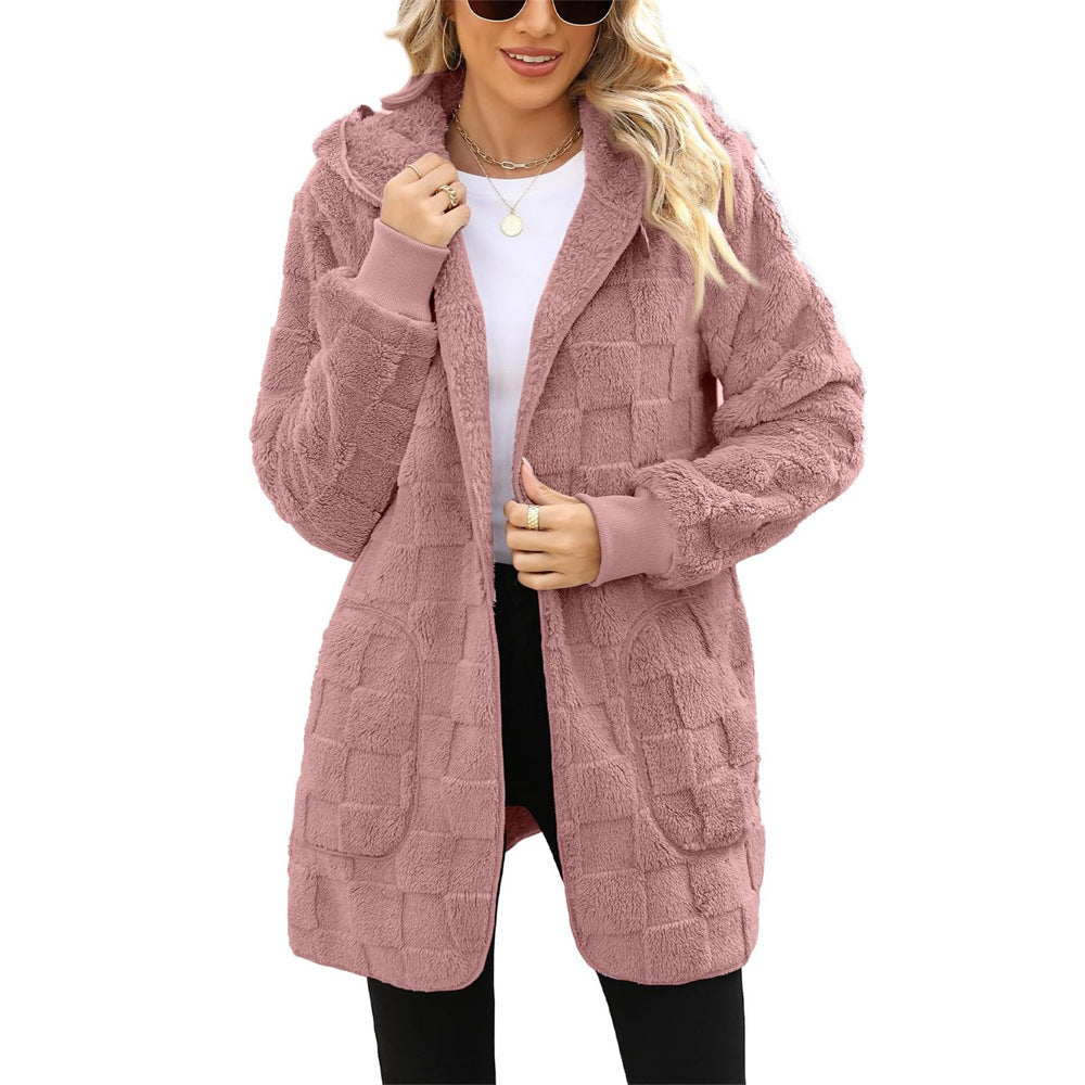 Women's Winter Plaid Jacquard Hooded Pocket Plush Women's Sweater, Sweater