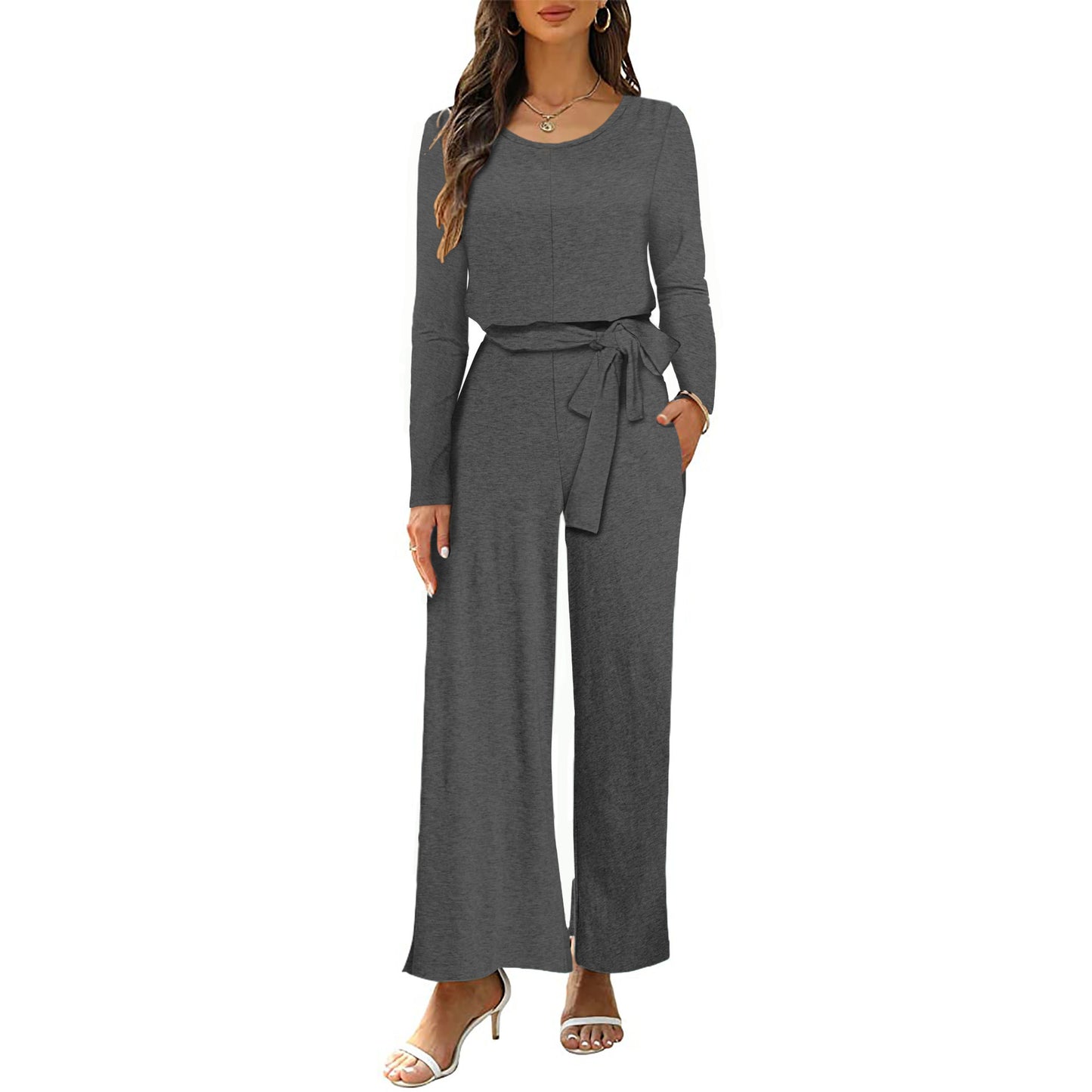 Neck Long Sleeve Waist One-piece Belt Jumpsuits