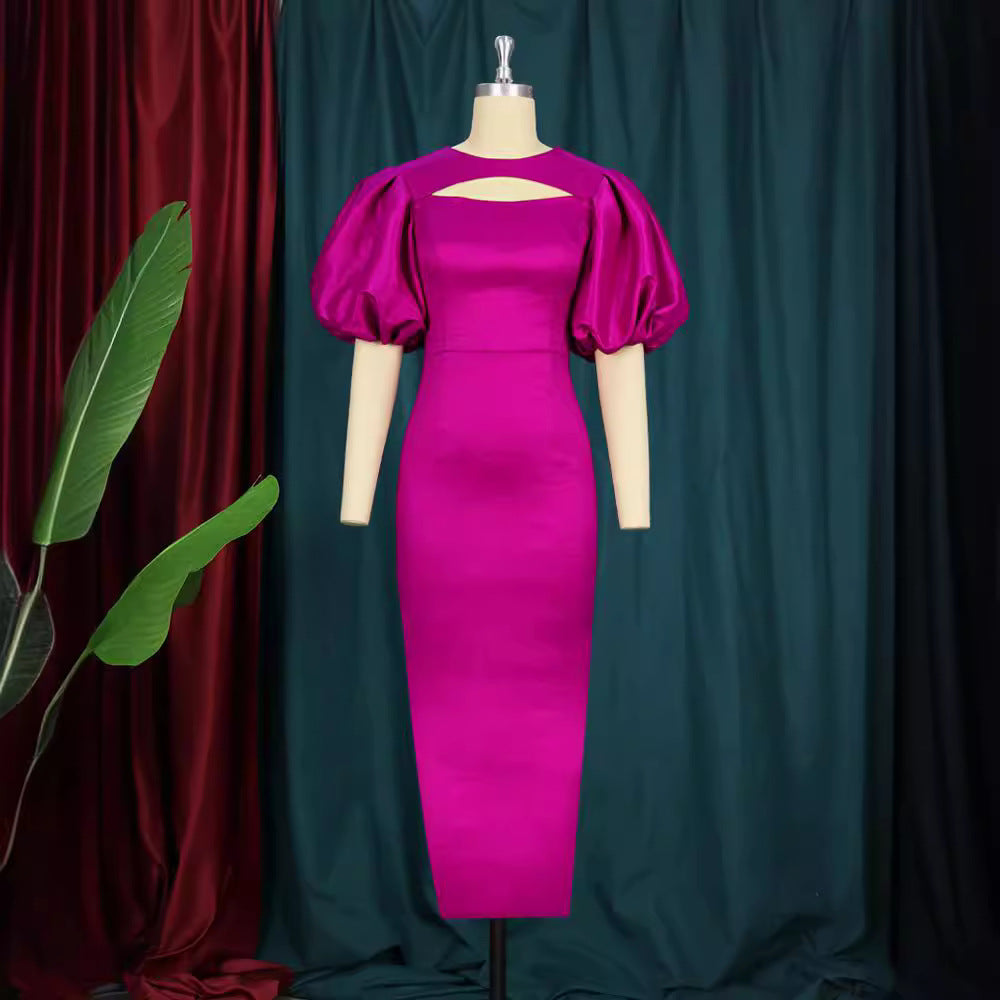 Women's Puff Sleeve High Waist Dress Long Dresses