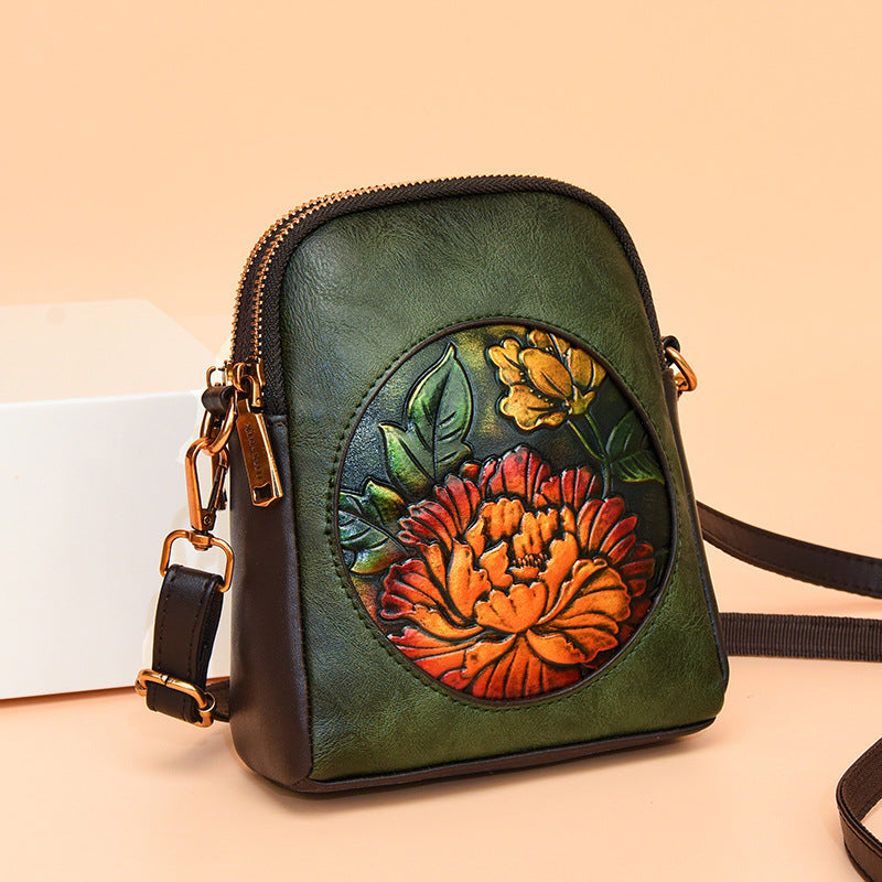 Women's Beautiful Ethnic Leather Carved Peony Phone Bags