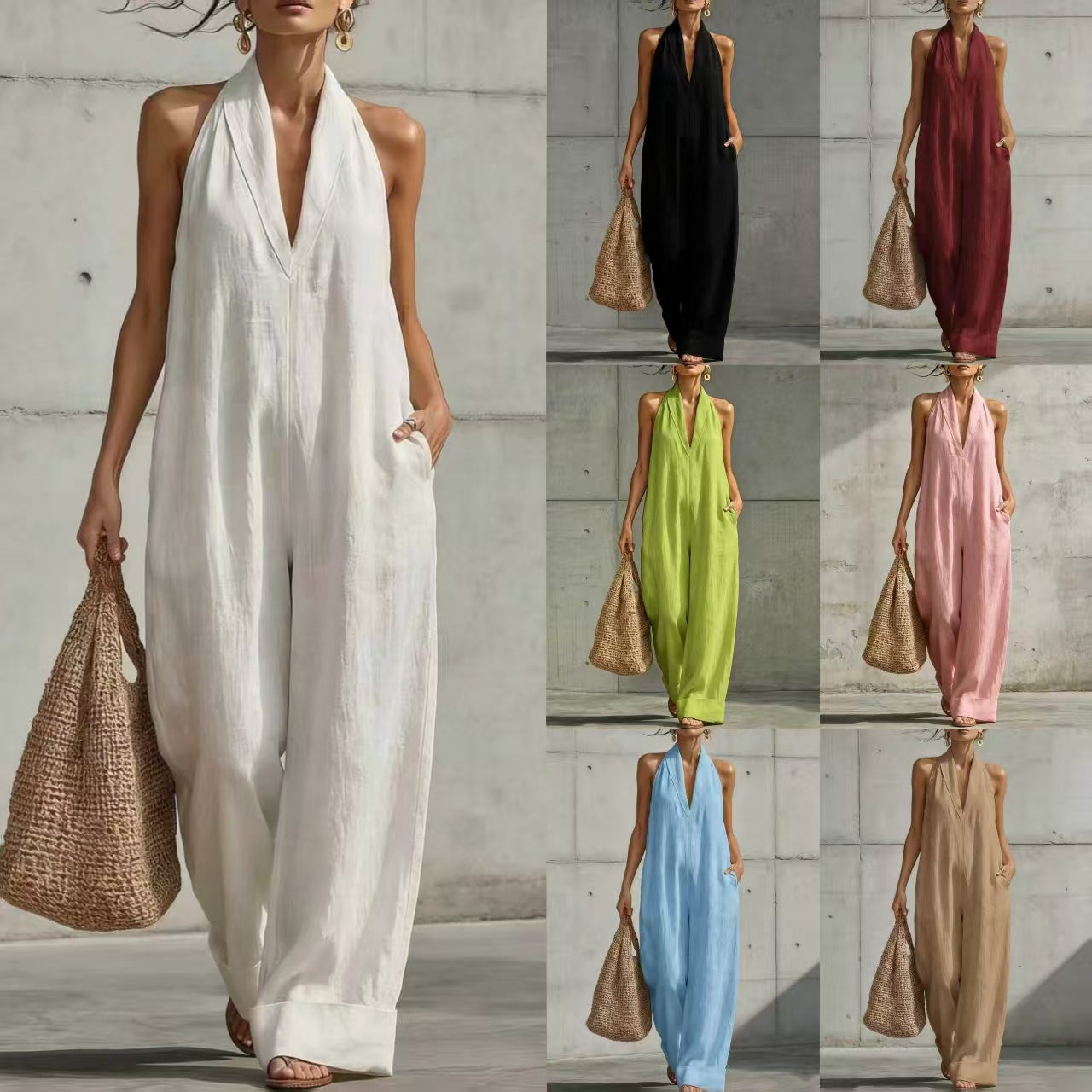 Cotton Linen Simplicity Elegant Sleeveless Casual Jumpsuits